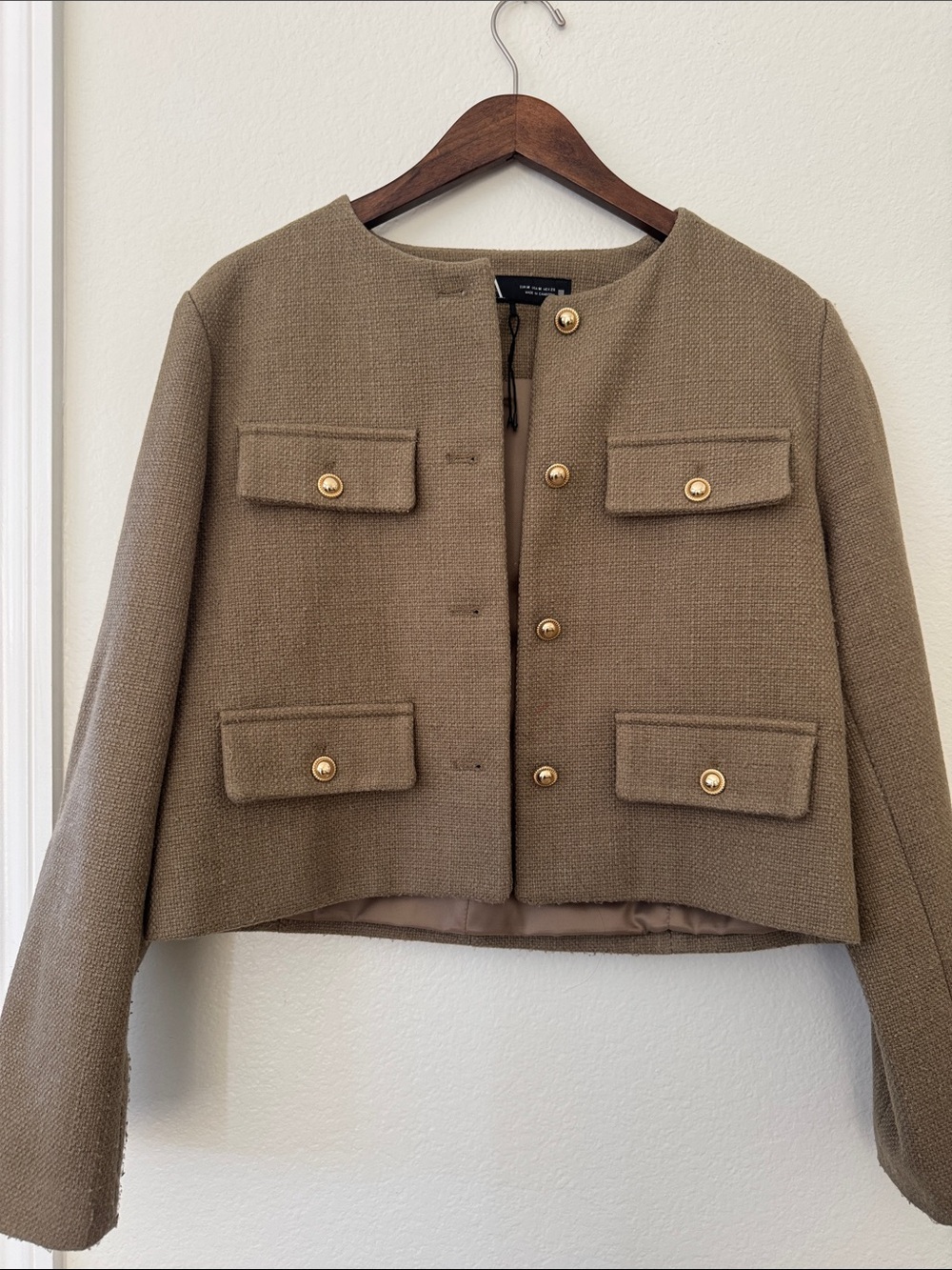 Zara Classic Boxy Cropped Jacket in Taupe with Gold Buttons